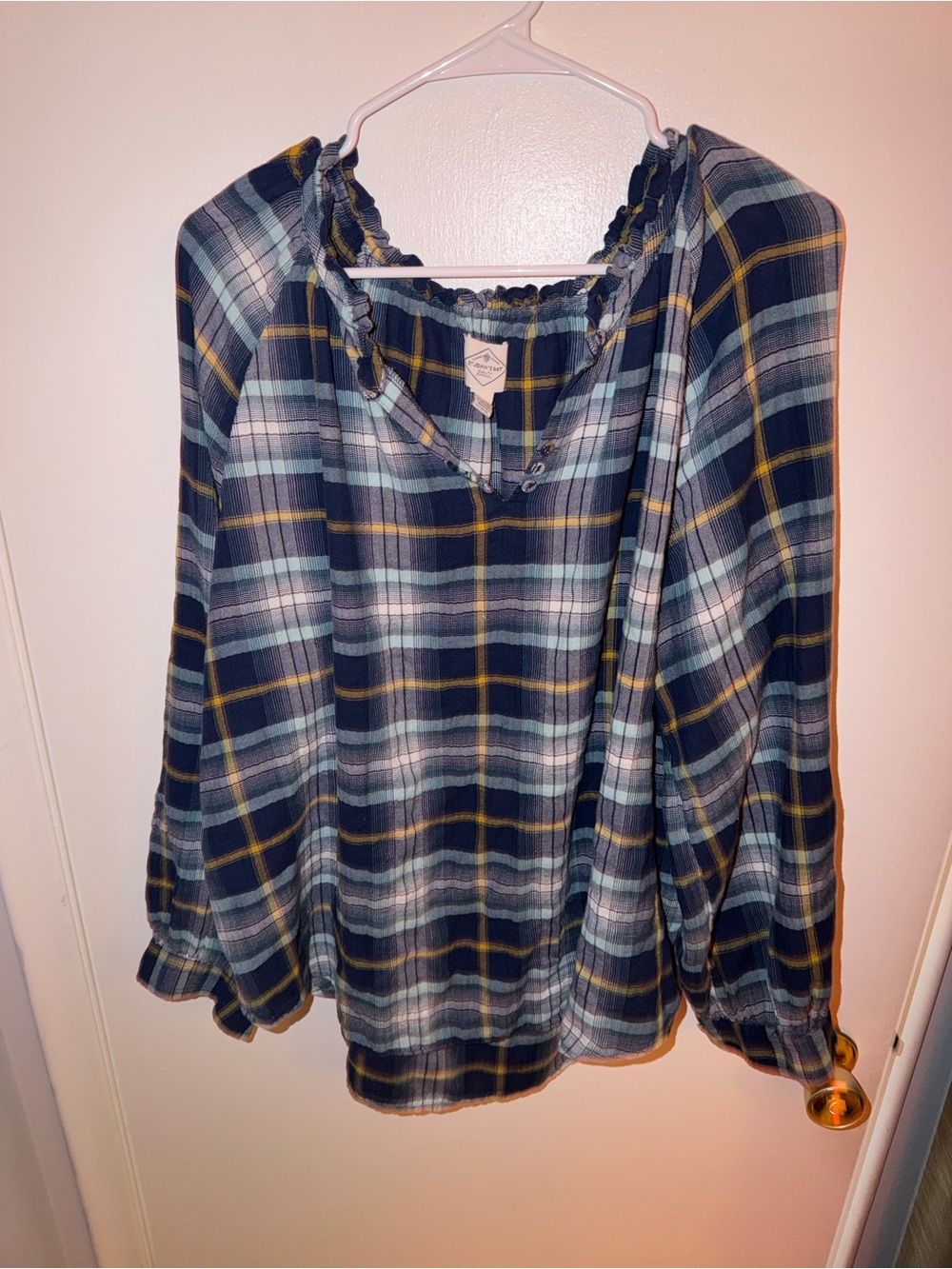 St. John's Bay Plaid Peasant Top in Navy, Teal, and Yellow